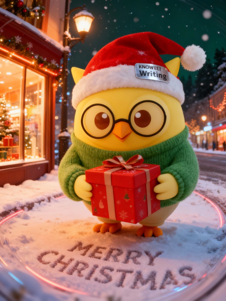 Knowee IP — snowy street, MERRY CHRISTMAS neon ring, Santa hat badge
