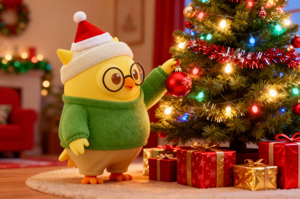 Knowee IP — decorating a Christmas tree, cozy interior