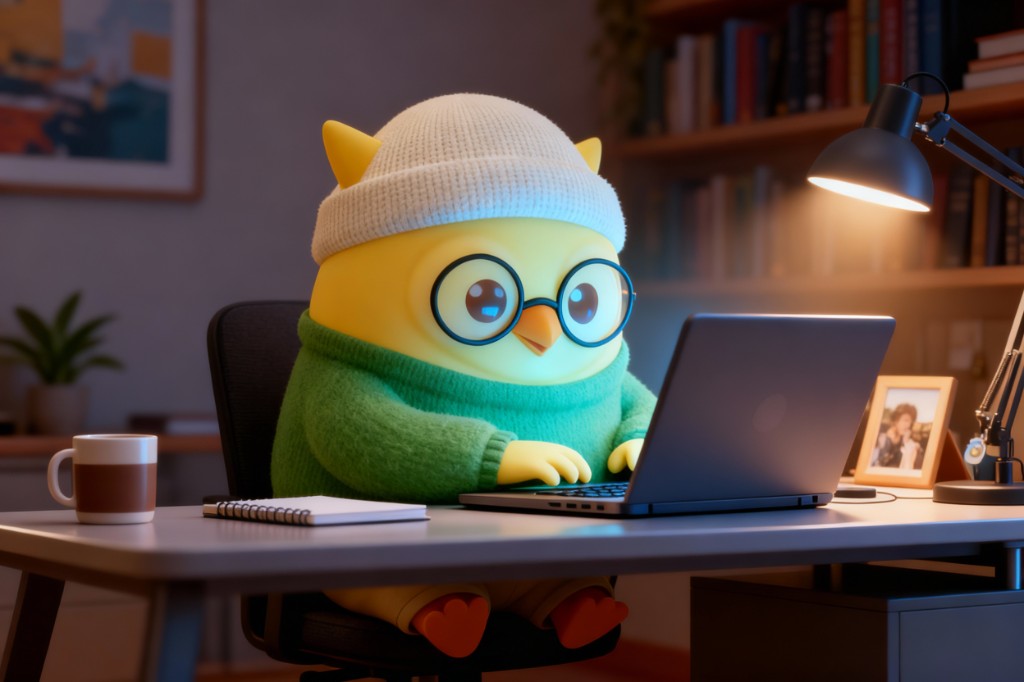 Knowee IP — owl at desk typing on laptop, warm lamp light