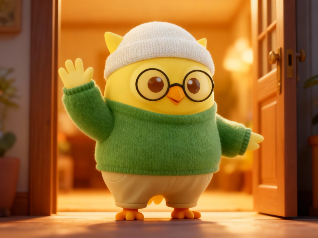 Knowee IP — owl in doorway waving, golden hour interior